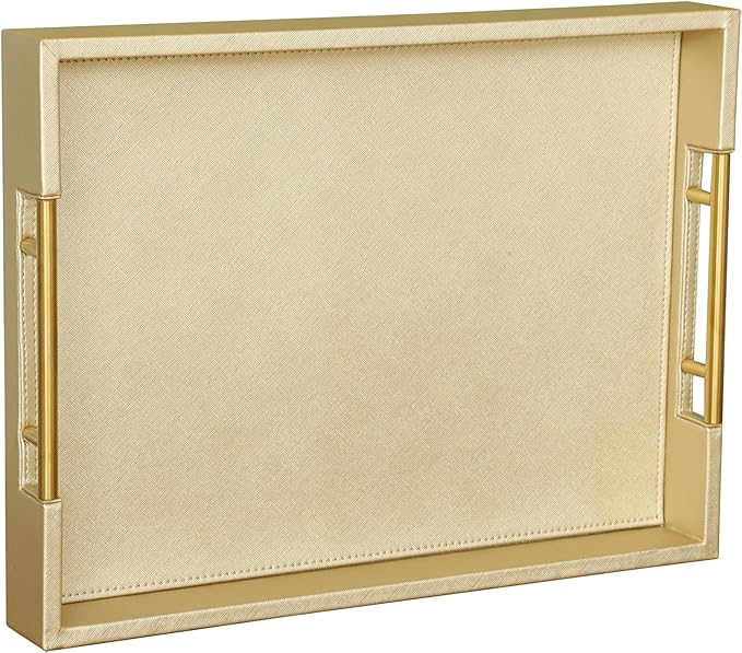 HofferRuffer Faux Leather Serving Tray with Gold Metal Handles, Stylish Decorative Tray Organizer for Coffee Table, Ottoman, Home Decor and Serving (Gold, 16.2" x 12.2" x 2")