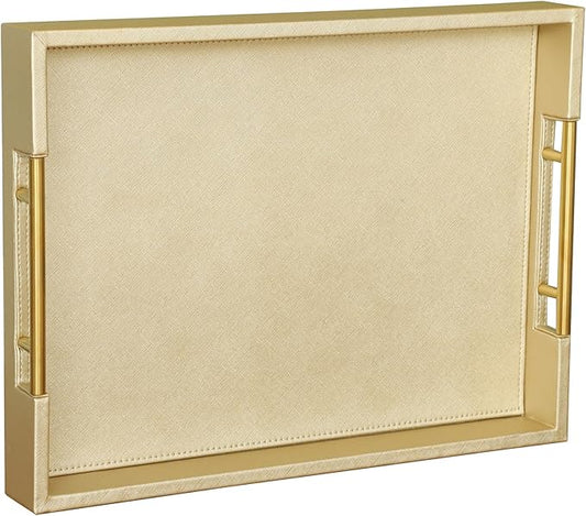 HofferRuffer Faux Leather Serving Tray with Gold Metal Handles, Stylish Decorative Tray Organizer for Coffee Table, Ottoman, Home Decor and Serving (Gold, 16.2" x 12.2" x 2")