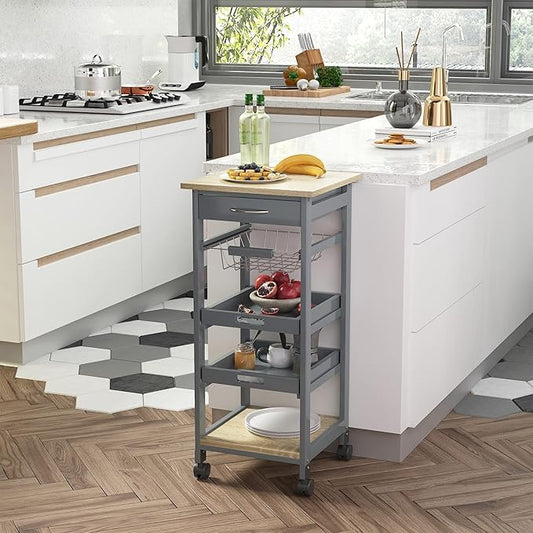 HOMCOM Mobile Kitchen Cart, Rolling Kitchen Island with Storage, Solid Wood Frame Utility Cart with Wire Fruit Baskets, Trays and Drawer, Gray