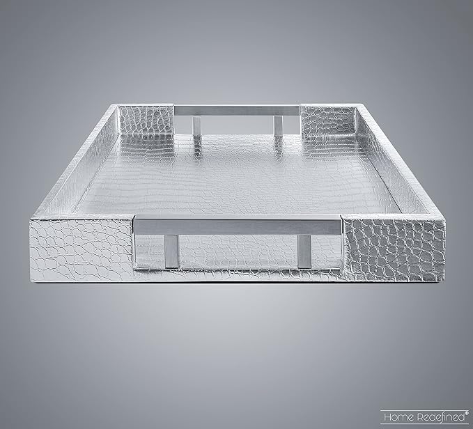 Modern Elegant 17.5"x12" Rectangle Glossy Silver Crocodile Faux Leather Tray Decorative Ottoman Coffee Table Display Perfume Dresser Kitchen Serving Tray with Silver Metal Handles by Home Redefined