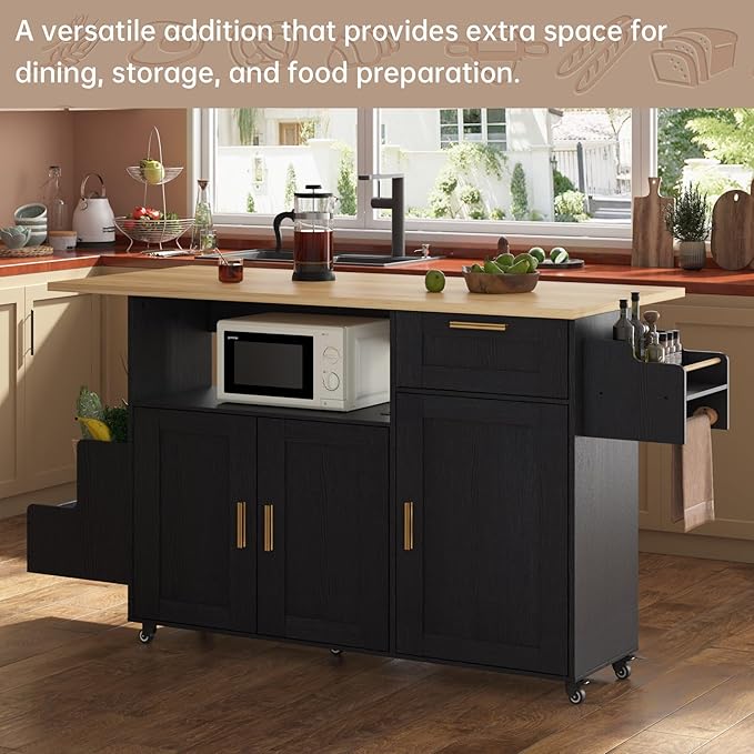 Rolling Mobile Kitchen Island with Storage and Drop Leaf on Wheels, 67" Desk Island for Kitchen with Power Socket and Drawer, Mobile Portable Carts with Spice Rack and Towel Rack (Black, Model 3)