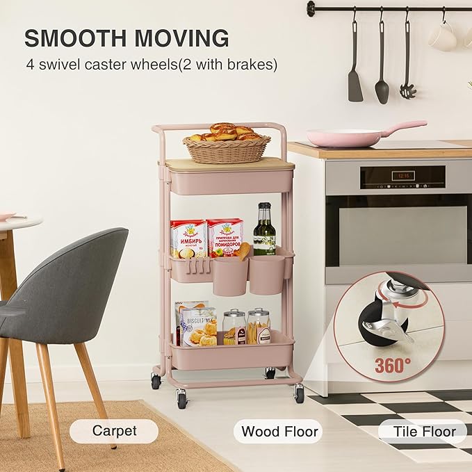 DTK 3 Tier Rolling Utility Cart with Cover Top Board, Movable Kitchen Storage Cart Trolley with Lockable Wheels, Cups, Hooks for Kitchen Bathroom Home Office Art Craft Storage and Organization(Pink)