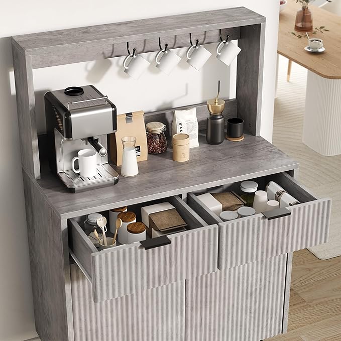 GarveeHome Fluted Sideboard Buffet Cabinet with Storage, Modern Coffee Bar Cabinet with Adjustable Shelves & 2 Drawers, Wood Buffet Console Table for Dining Room Living Room Kitchen Entryway, Grey