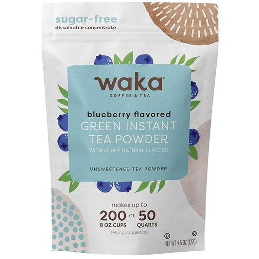 Waka Instant Green Tea Mix, Blueberry Flavored - 100% Tea Leaves and Natural Flavor, No Additives, Unsweetened Tea Powder in Bulk Pouch – Easy Quick Hot and Iced Teas, Up to 200 Cups (4.5oz)