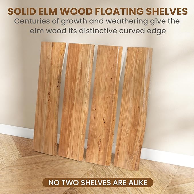 Floating Shelves for Wall Decor, Rustic Solid Elm Wood Live Edge Floating Shelves Wall Mounted, Wall Shelves with Invisible Bracket for Living Room Bathroom Bedroom Kitchen, 30 Inch Set of 2, Natural