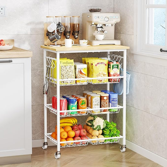 SWTYMIKI Rolling Kitchen Storage Cart - 4 Tier Microwave Table Stand with 6 Storage Baskets, Coffee Bar with Wheels, Kitchen Utility Cart Shelf Rack Organizer for Fruit, Vegetables, Potato (White)