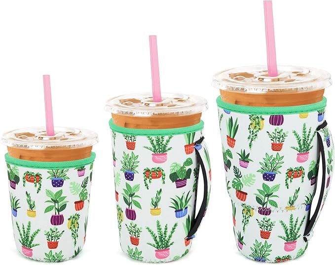 3 Pack Iced Coffee sleeve Insulated Neoprene Cup Sleeves with handle For Cold Drinks Beverages, Reusable Cup Holder for 16oz-32oz Coffee Cups (Green Living)