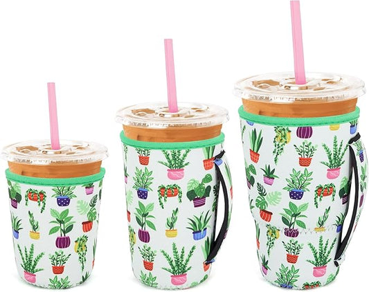 3 Pack Iced Coffee sleeve Insulated Neoprene Cup Sleeves with handle For Cold Drinks Beverages, Reusable Cup Holder for 16oz-32oz Coffee Cups (Green Living)