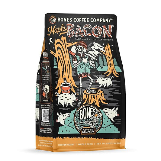 Bones Coffee Company Maple Bacon, Bacon and Maple Syrup Flavored Coffee, Medium Roast Low Acid Arabica Beans Compatible with Auto drip and French Press Coffee Maker, 12 Oz Whole Bean