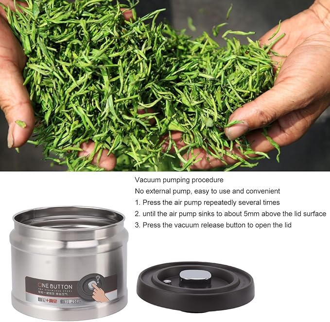 Vacuum Kitchen Seal Canister, Stainless Steel Pressed Airtight Food Storage Container, Flour/Coffee/Beans Tea/Grains/Sugar/Biscuits Metal Food Storage Canister, Tea Canisters(1600ML Stainless Steel)
