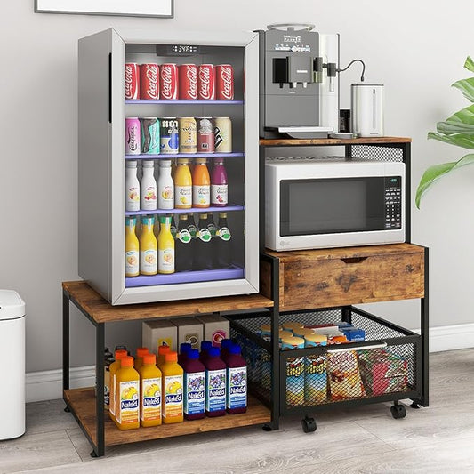 PUNCIA Mini Fridge Stand with Storage, Coffee Bar Cabinet with Power Outlet and Drawer — Beverage Refrigerator Table, Microwave Oven Stand with Rolling Basket for Home, Dorm, Apartment, Pantry