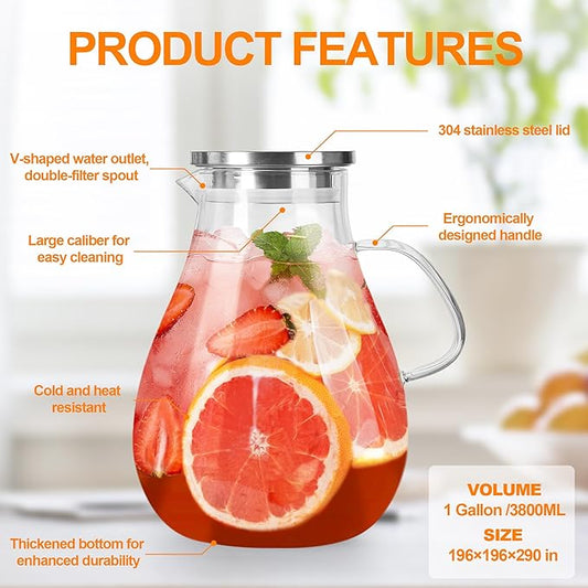 1 Gallon Glass Pitcher with Lid and Handle, Hot & Cold Water Jug, Extra-Wide Mouth Beverage Carafe for Juice, Iced Tea & Drinks