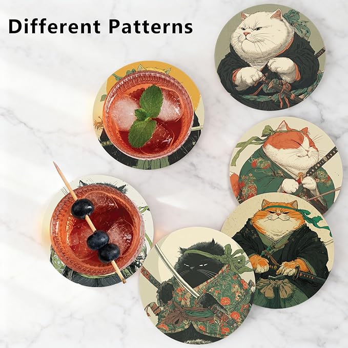 6Pcs Cat Coasters Ninja Edition with Holder, Funny Anime Cat Ceramic Drink Coaster for Kinds of Cups Coffee Table Decor Cats Lover Gifts