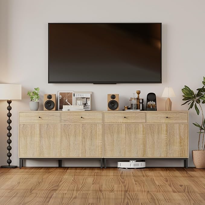 Mericonia Farmhouse Buffet Sideboard Cabinet with Storage, Fluted Coffee Bar with Doors and Adjustable Shelves, Modern Wood Console Cabinet with Drawers (4 Door, Natural 2 Drawer)