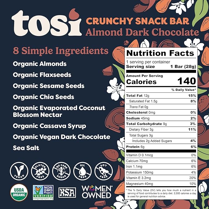 Tosi Nut Bars, Almond Dark Chocolate, Healthy Snacks for Adults & Kids, Plant Based Crunchy Bars (6G Protein), Organic Keto Snacks, Vegan, Gluten & Soy Free, Low Sugar, Omega 3s, 1oz, 12-Pack