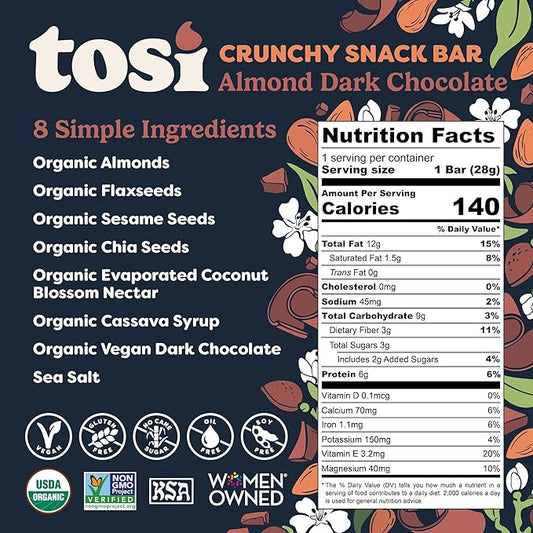 Tosi Nut Bars, Almond Dark Chocolate, Healthy Snacks for Adults & Kids, Plant Based Crunchy Bars (6G Protein), Organic Keto Snacks, Vegan, Gluten & Soy Free, Low Sugar, Omega 3s, 1oz, 12-Pack