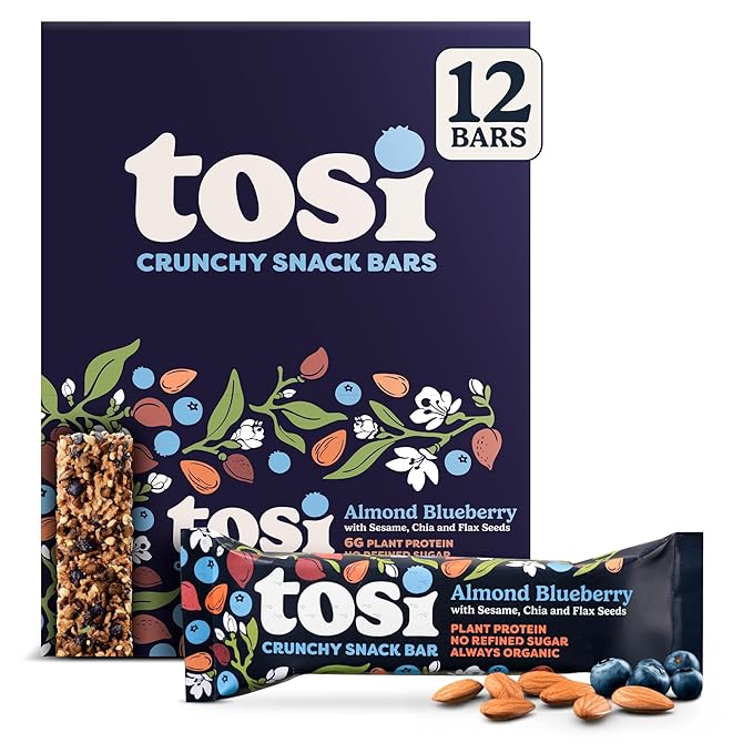 Tosi Nut Bars, Almond Blueberry, Healthy Snacks for Adults & Kids, Plant Based Crunchy Bars (6G Protein), Organic Keto Snacks, Vegan, Gluten & Soy Free, Low Sugar, Omega 3s, 1oz, 12-Pack