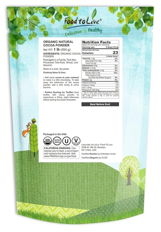 Food to Live Organic Cocoa Powder, 1 Pound Natural, Unsweetened, Non-Dutched, Non-GMO, Kosher, Sirtfood, Bulk