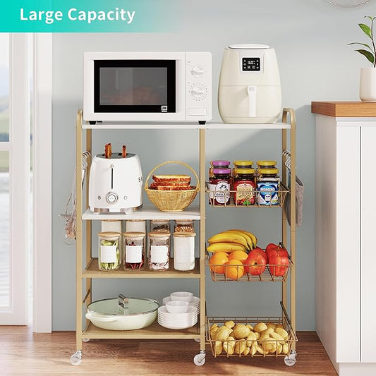 HapiRm Rolling Kitchen Microwave Cart - 4 Tier Microwave Table Stand with Pull-Out Baskets, Coffee Bar Baker's Rack with Wheels Rolling Storage Cart Organizer Shelf for Living Room Office, Balcony