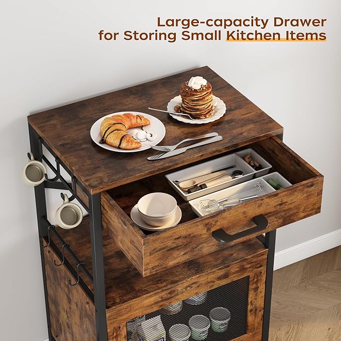 Homeiju Kitchen Island Cart, Kitchen Storage Cart with Drawer, Microwaves Stand, Coffee Cart, Rolling Kitchen Cabinet Cart with Hooks for Kitchen, Dining Room