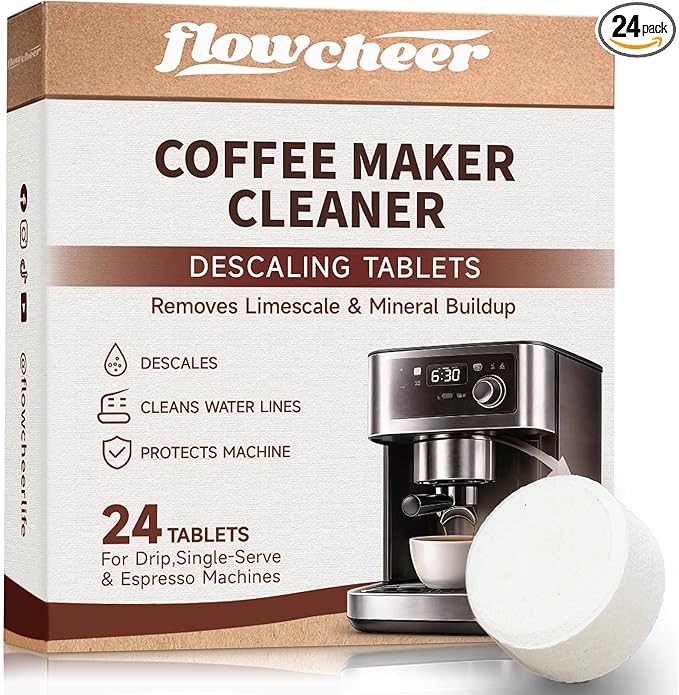 flowcheer Coffee Maker Cleaner & Descaler Tablets 24-Pack - Coffee Machine Tablets Compatible with Keurig,Nespresso,Jura, Breville, Ninja, Deep Cleaning Coffee Pot and All Espresso Machines