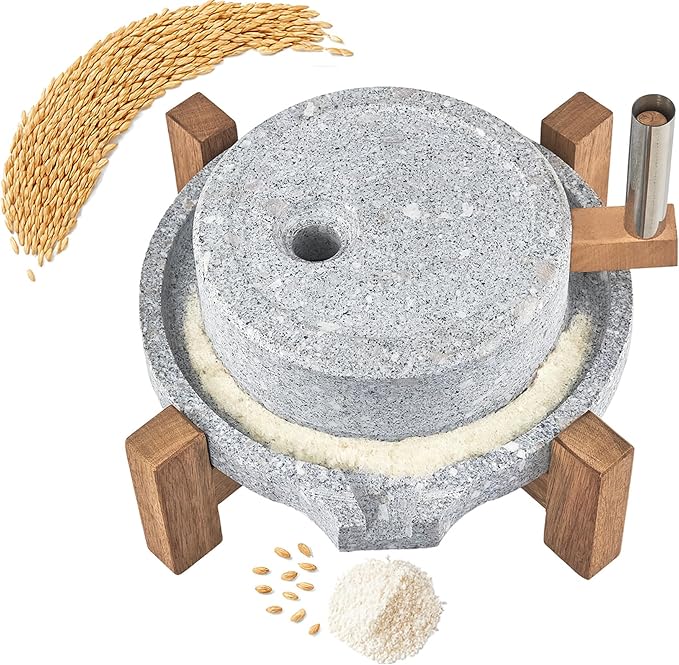 Stone Grain Mill - Manual Flour Mill with Stable Wood Base, Natural Granite Stone Grinder Mill for Dry & Wet Use, Home Kitchen Tool (11.8 x 15.8 inch)