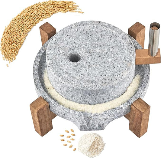 Stone Grain Mill - Manual Flour Mill with Stable Wood Base, Natural Granite Stone Grinder Mill for Dry & Wet Use, Home Kitchen Tool (11.8 x 15.8 inch)
