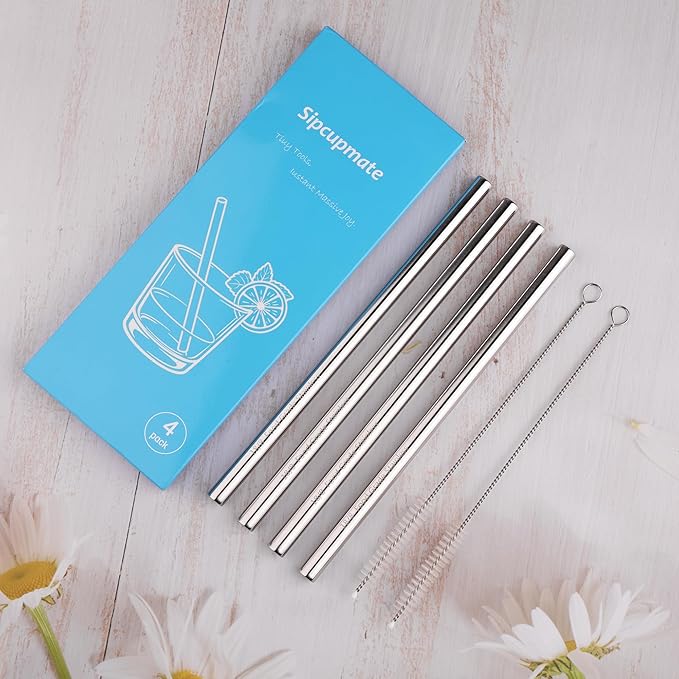Metal Straw Replacement Set Compatible with Owala 24oz/32oz Freesip Water Bottle, Durable Stainless Steel Replacement Straws with 2 Cleaning Brushes-4Pcs