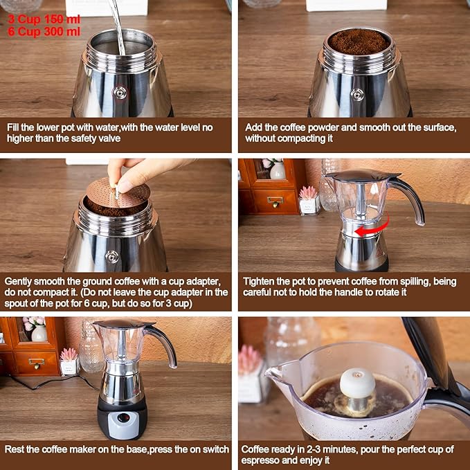 Electric Moka Pot 6 Cup 300ml Plastic Transparent Stovetop Espresso Maker Portable Stainless Steel Mocha Pot Percolator Italian Coffee Makers Greca Machine Cafe Classic for Home Camping