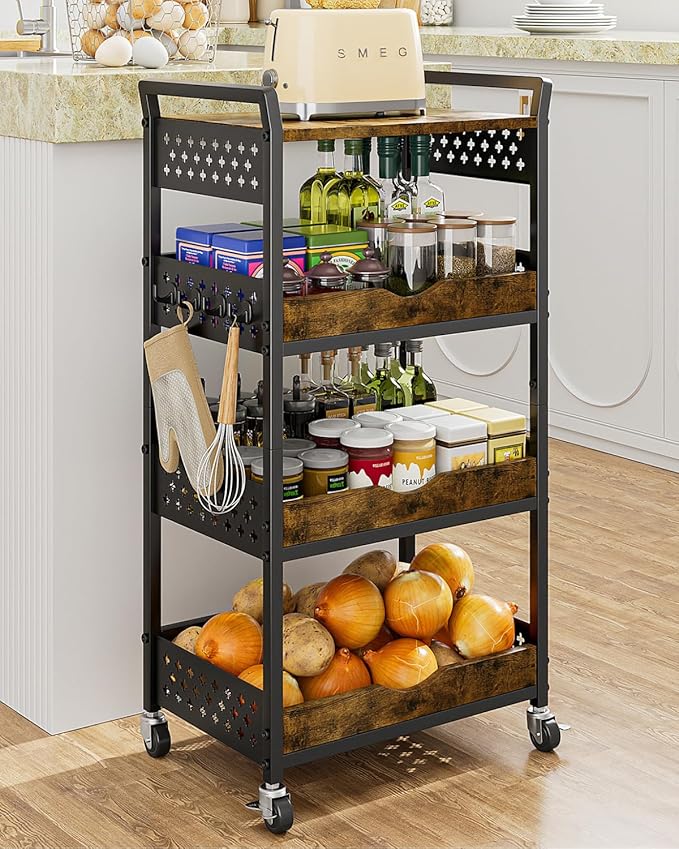 Giwil 4-Tier Rolling Storage Cart, Small Coffee Bar Crafts Makeup Cart with Wooden Top Snack Organizer for Pantry, Utility Kitchen Cart On Wheels for Onions Potatoes, Black