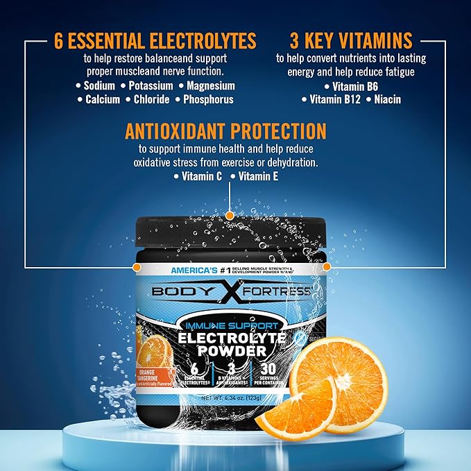 Body Fortress Electrolyte Powder Orange Tangerine - Rapid Hydration Drink Mix with 6 Essential Electrolytes & 3 B Vitamins - Sugar Free, Keto Friendly, No Color Added, Clear Hydration - 30 Servings
