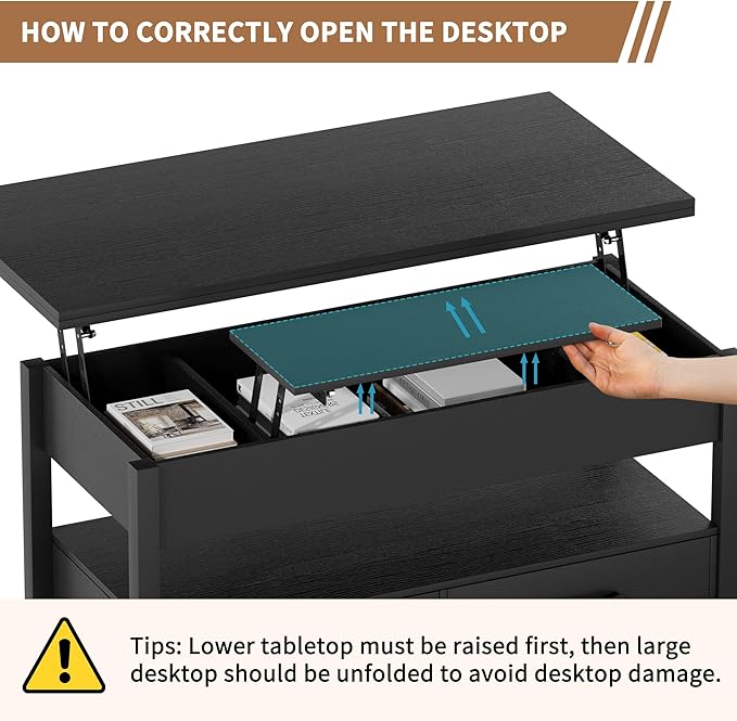 42'' Lift Top Coffee Table, 4-in-1 Multifunctional Lift Coffee Table with Storage & Hidden Compartments, Farmhouse Coffe Table with Lifting top for Living Room, Dining Reception Room, Black