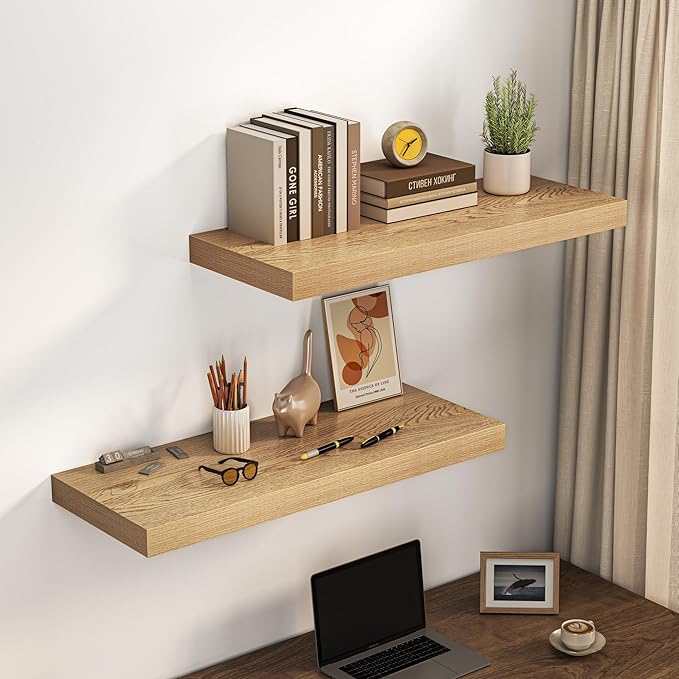 Dreamland 36" Floating Shelves for Wall, 12" Deep Thicker Oak Floating Shelves, Wall-Mounted Shelves for Bedroom, Living Room, Kitchen, Bathroom - Set of 2