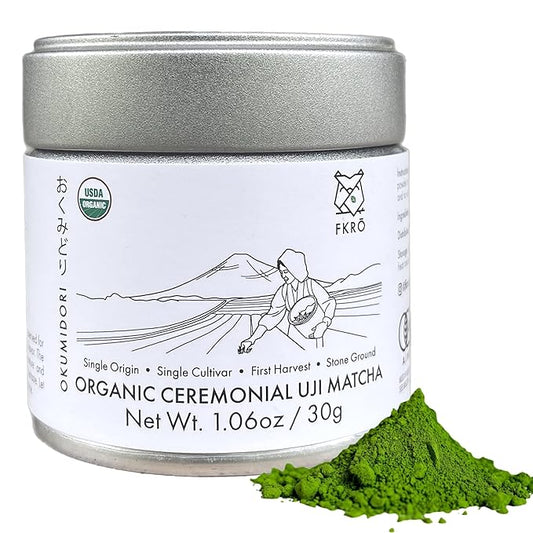 FKRO Organic Reserve Ceremonial Grade Matcha Green Tea Powder from Uji, Japan. Okumidori Single Cultivar. 1st Harvest, Single Origin, Sugar-free. Flown in Fresh from Japan Every Month (30g/1.06oz) Tin