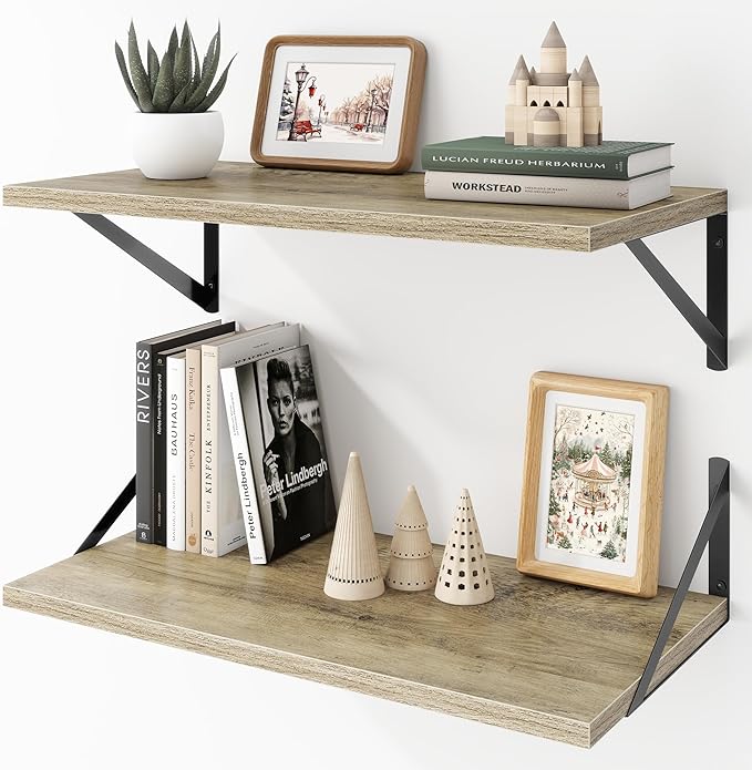 Deep Floating Shelves Wall Mounted, 24"x12" Gray Wall Shelves with Brackets Set of 2 for Bedroom, Living Room, Bathroom, Kitchen, Office - Storage & Display Shelf for Decor, Books, Plants
