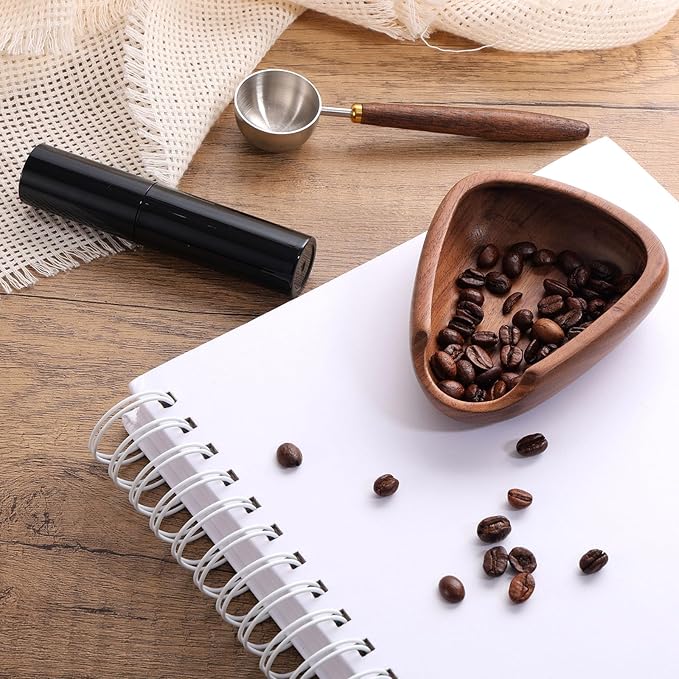 3pcs Espresso Bar Accessories Kit, Include Walnut Wood Coffee Bean Dosing Cup Measuring Tray and Static Reduction Spray Bottle and Spoon for Coffee Lovers Gift