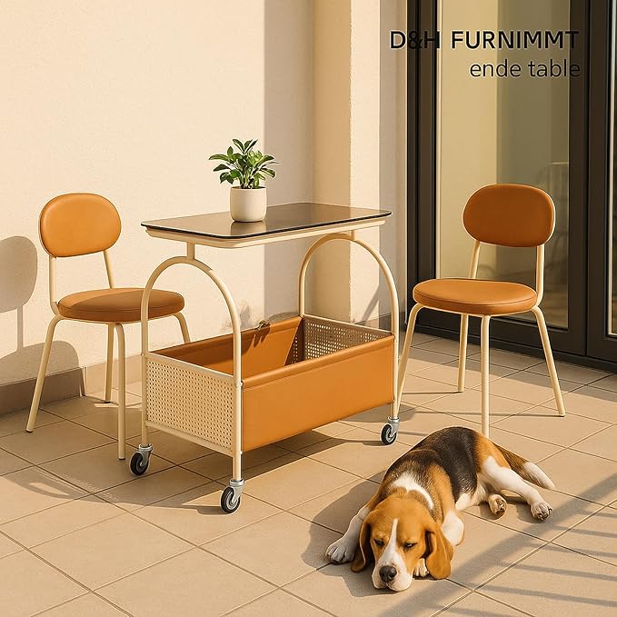 D&H FURNIMMT 2-Tier Rolling Side Table with Glass Top Storage Basket Mobile End Table/Coffee Table with Wheels for Living Room, Bedroom, Kitchen, Balcony Brown & White(22" x 14" x 21")