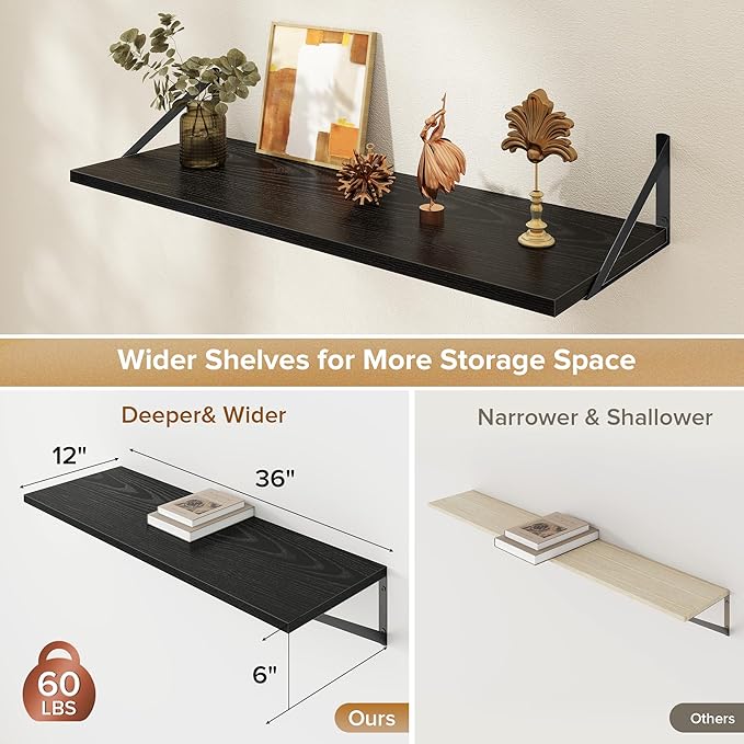 Deep Floating Shelves Wall Mounted, 36"x12" Black Wall Shelves with Brackets Set of 2 for Bedroom, Living Room, Bathroom, Kitchen, Office - Storage & Display Shelf for Decor, Books, Plants