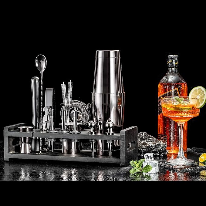 Soing 24-Piece Cocktail Shaker Set,Perfect Home Bartender Kit for Drink Mixing,Stainless Steel Bar Tools With Stand,Velvet Carry Bag & Recipes Cards Included (Black)