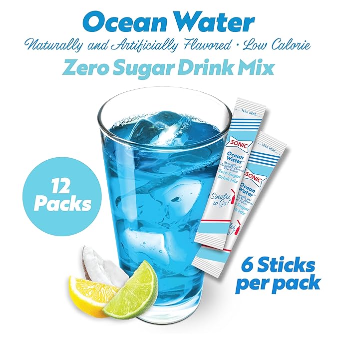 Sonic Singles to Go Powdered Drink Mix, Ocean Water, 6 Sticks per Box, 3 Boxes included (18 Sticks Total) (Pack of 2)
