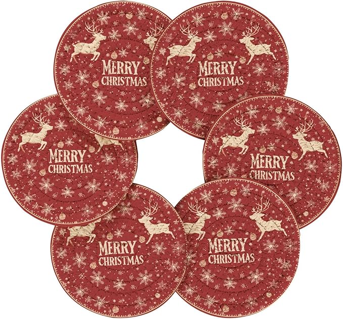 Christmas Coasters with Holder Elk Reindeer Gold Snowflakes Red Coasters Set of 6 Cotton Woven Absorbent Cup Coaster Christmas Xmas Holiday Party Table Decor 4 Inches