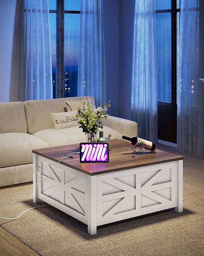 31.5" Lift Top Coffee Table, Farmhouse Coffee Table with Charging Station and Storage, 2 AC Outlets and 2 USB Ports, White and Walnut MKF02UWAN1