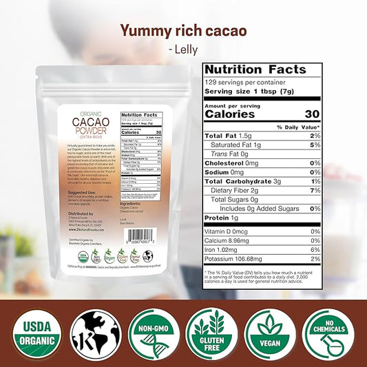 Z Natural Foods Organic Cacao Powder, Nutrition-Packed, Extra-Rich Dark Chocolate Flavor, Perfect for Chocolate Recipes, Shakes, or Smoothies, Non-GMO, Vegan, Gluten-Free, Kosher, 2 lbs