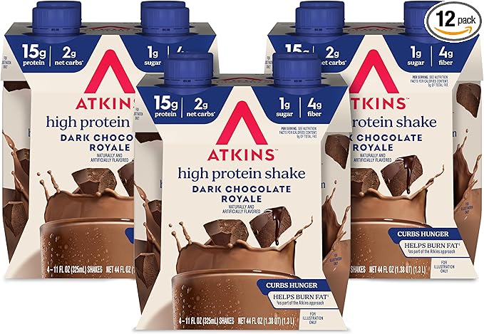 Atkins Dark Chocolate Royale Protein Shake, High Protein Shakes, Low Glycemic, Low Carb and Low Sugar Chocolate Flavored Protein Shakes, Keto Friendly, 12 Count