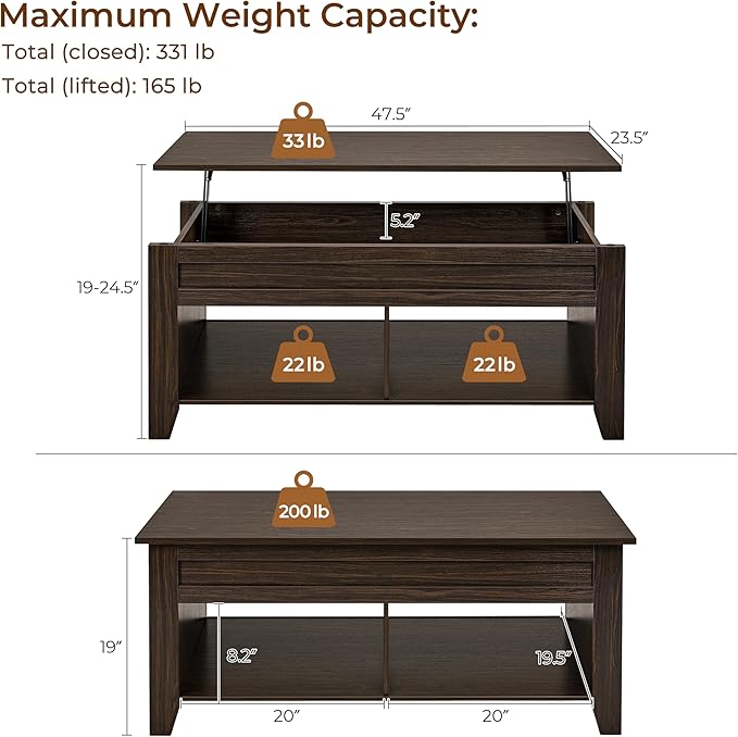 Yaheetech Lift Top Coffee Table with Hidden Storage Compartment & 2 Open Shelves, Rising Tabletop Pop Up Center Table for Living Room Reception Room, 47.5'' L, Espresso