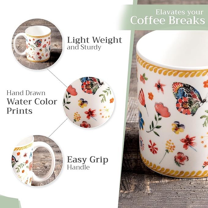Maison d' Hermine Coffee Mug with Handles Fine Bone China Mugs Pack of Two Tea Cups for Hot Beverages Cappuccino Latte Home Restaurant Office Perfect for Gift (Happy Florals - Sweety, 15 Ounce)