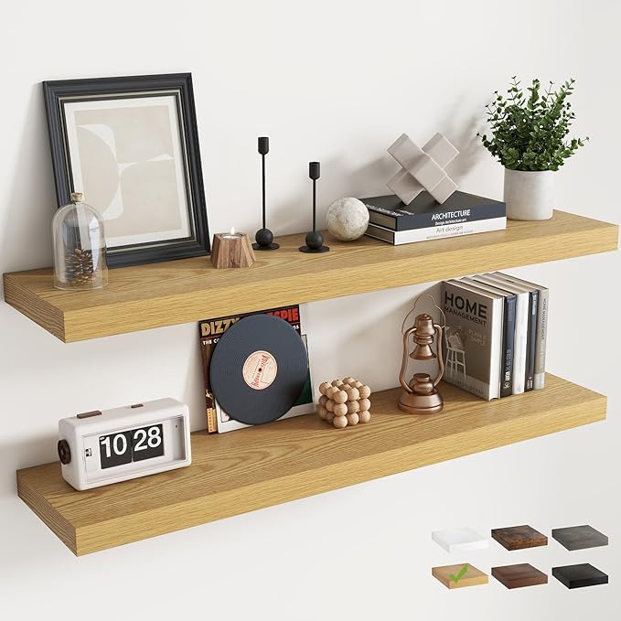 Floating Shelves for Wall with Invisible Brackets, Wall Mounted Engineered Wood Shelves with Wood Grain for Living Room, Bedroom, Bathroom, Kitchen Decor and Storage, Oak, 48"L Set of 2, Oak
