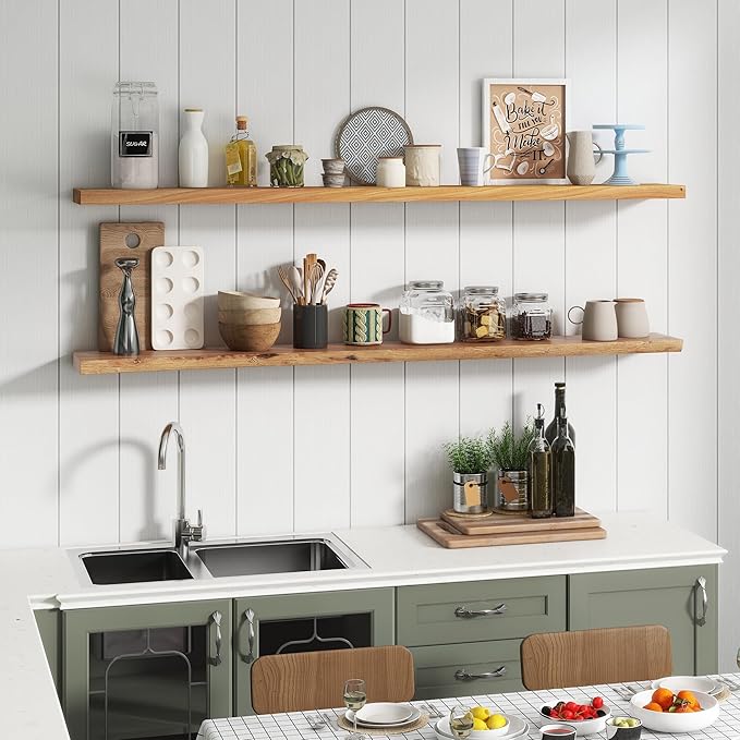 Reclaimed Elm Wood Floating Shelf for Wall, Flat Edge 72" W x 9.2" D x 1.4" H, Large Invisible Wall Mounted Shelf for Living Room Bedroom Kitchen Bathroom Decor, Natural Finish 1 Pack