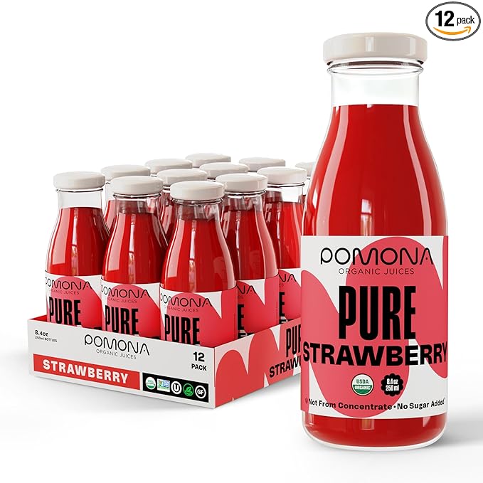 Pomona Organic Strawberry Juice (Pack of 12), Cold Pressed USDA Organic Juices with 100% Strawberries, No Added Sugar, Not From Concentrate, Vegan, Kosher, Non GMO, Pasteurized, 8.4 oz Glass Bottles