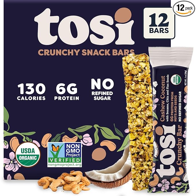Tosi Nut Bars, Cashew Coconut, Healthy Snacks for Adults & Kids, Plant Based Crunchy Bars (6G Protein), Organic Keto Snacks, Vegan, Gluten & Soy Free, Low Sugar, Omega 3s, 1oz, 12-Pack